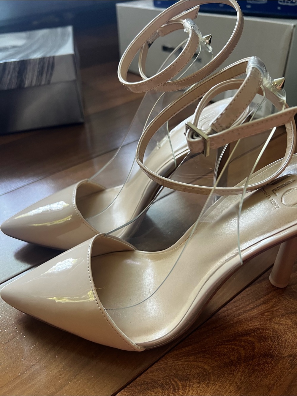 JLo Nude Patent Pointed-Toe Ankle Strap Pumps